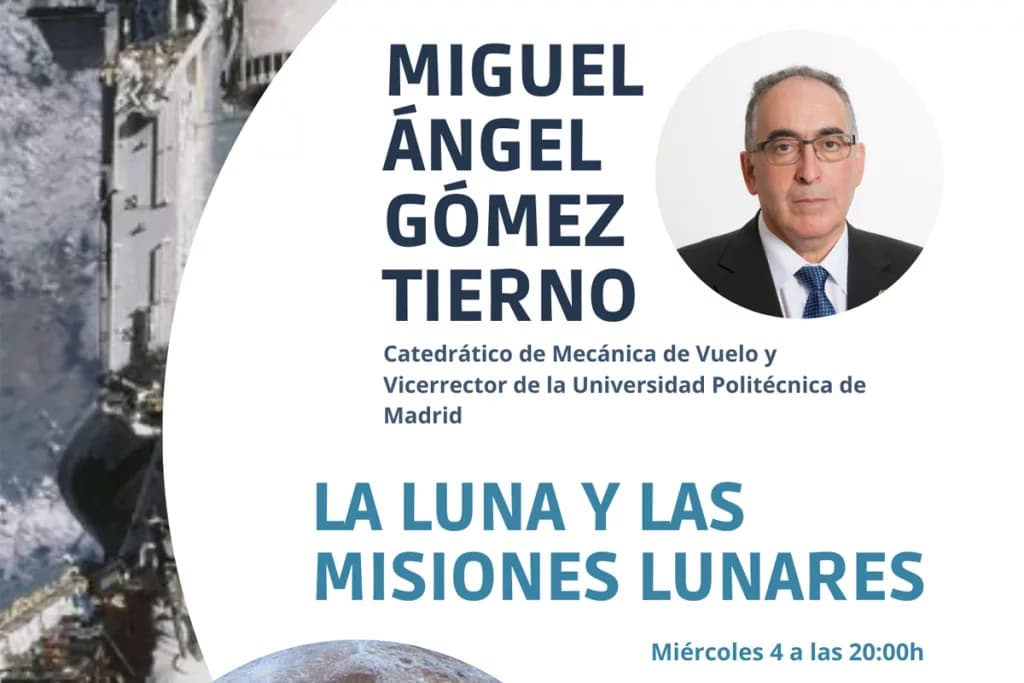 Cartel de la conferencia "La luna y las misiones lunares" por Miguel Ángel Gómez Tierno