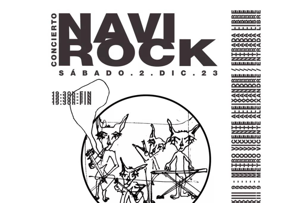 Cartel del Navirock 2023 con la fecha de celebración, horario, parada de metro y una ilustración de un grupo antropormórfico tocando música