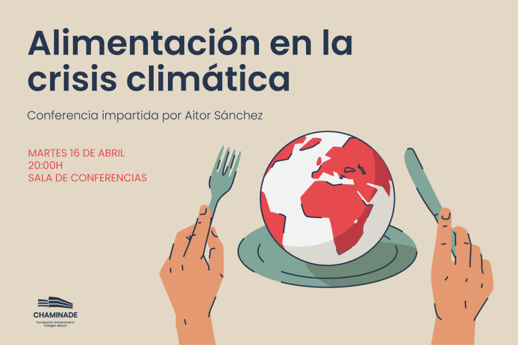 Cartel de la conferencia "Alimentación en la crisis climática" por Aitor Sánchez
